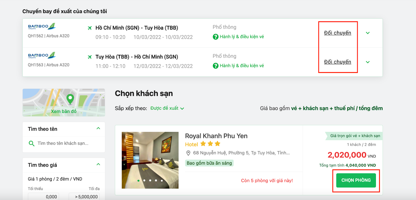 Nhấn đổi chuyến và chọn phòng để chọn combo vừa ý
