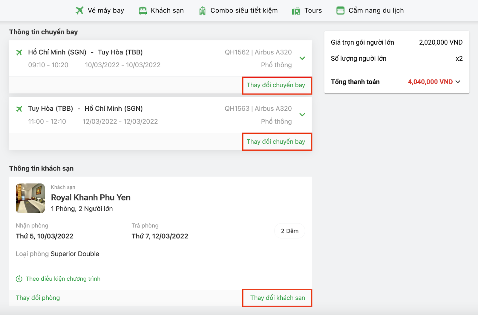 Nhấp thay đổi chuyến bay, khách sạn nếu muốn tùy chỉnh
