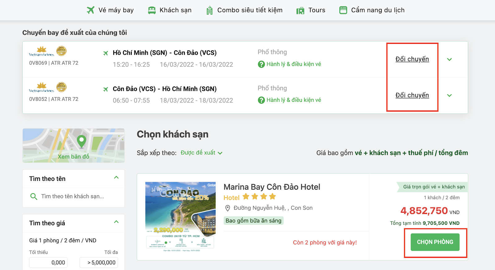 Nhấn đổi chuyến và chọn phòng để chọn combo vừa ý
